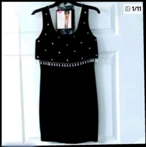 LBD formal black cocktail dress, pearls, crepe fabric, size 4.LBD Donna Ricco